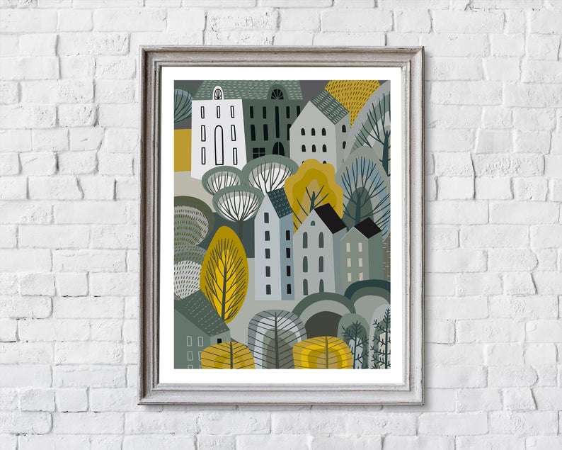 Houses print, houses wall art. Scandinavian print.