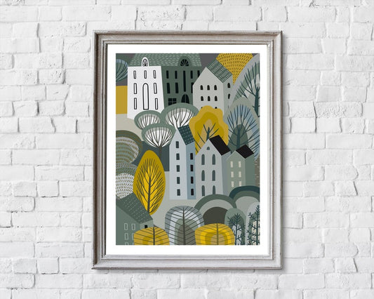 Houses print, houses wall art. Scandinavian print.