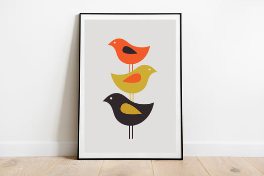 Birds wall art. Mid century bird print. Birds print.