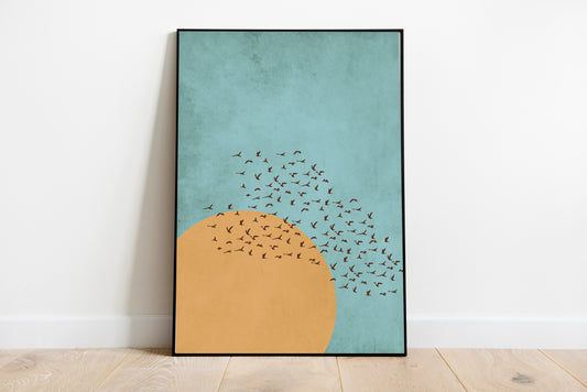 Minimalist Bird wall art. Sun and Bird print. Birds print.