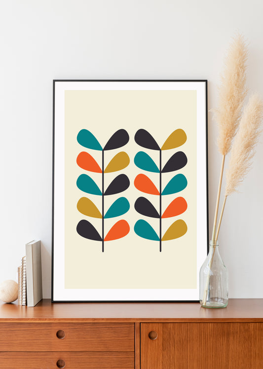 Mid century modern flower print. Leaf stem print