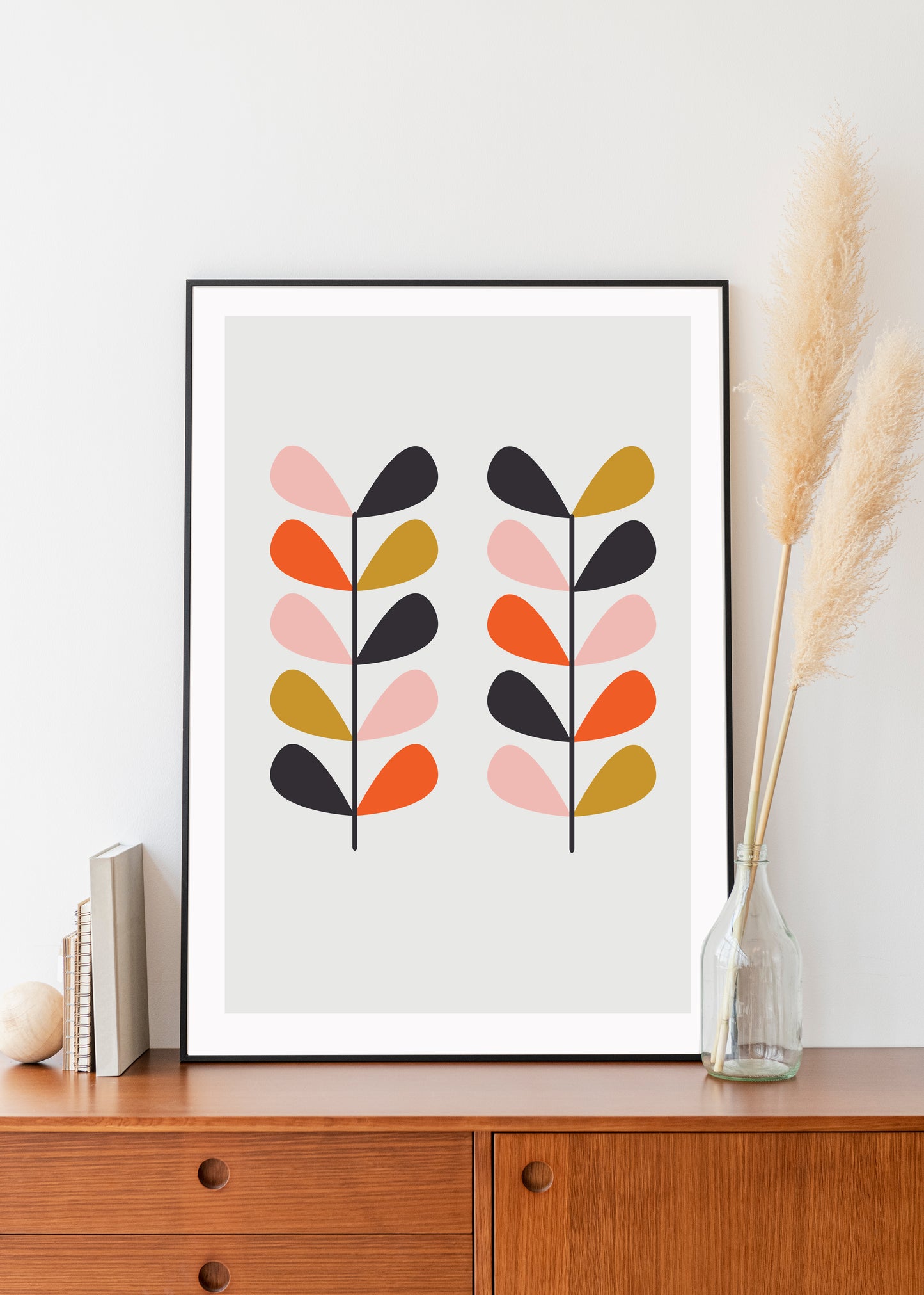 Mid century modern flower print. Leaf stem print