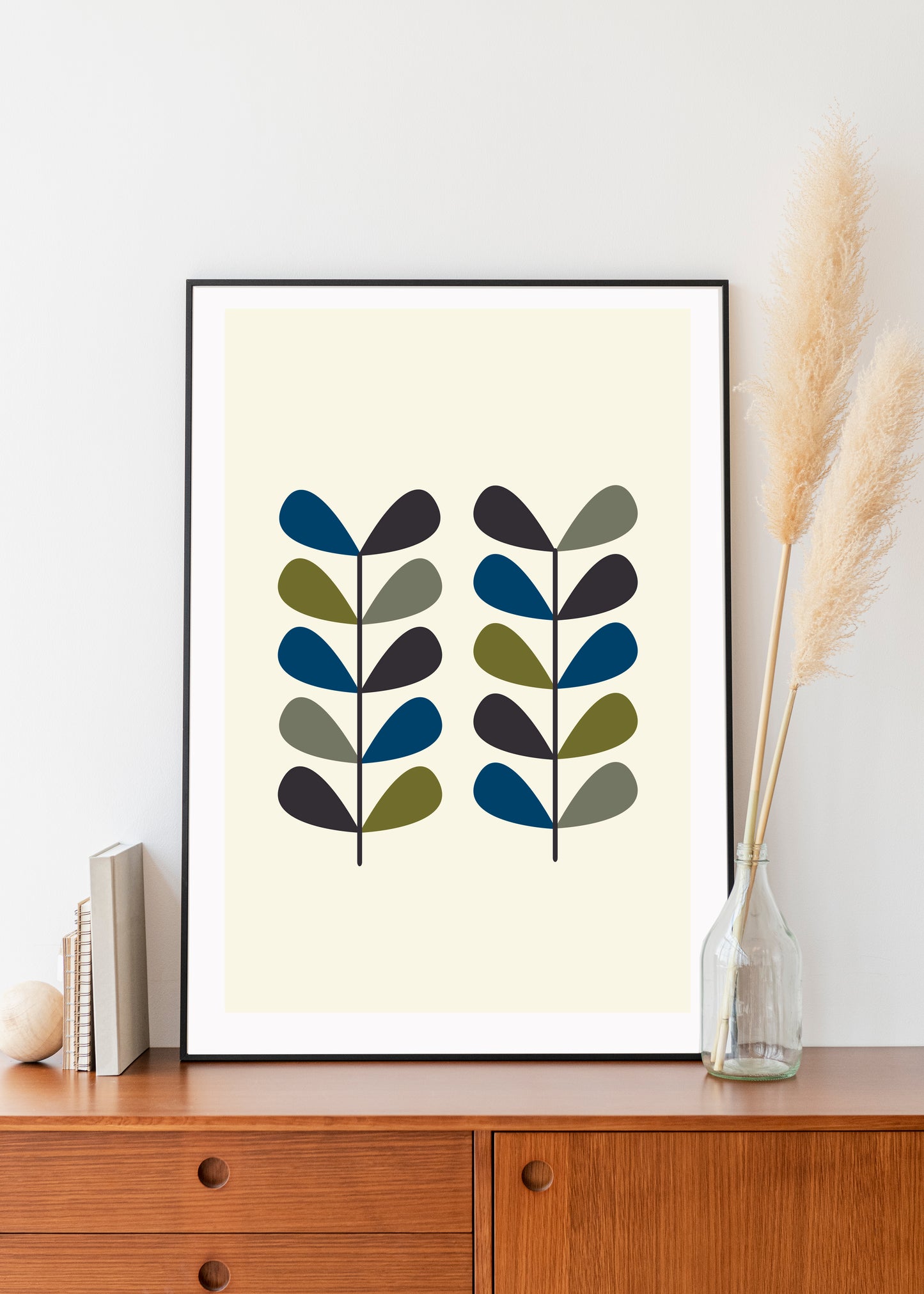 Mid century modern flower print. Leaf stem print