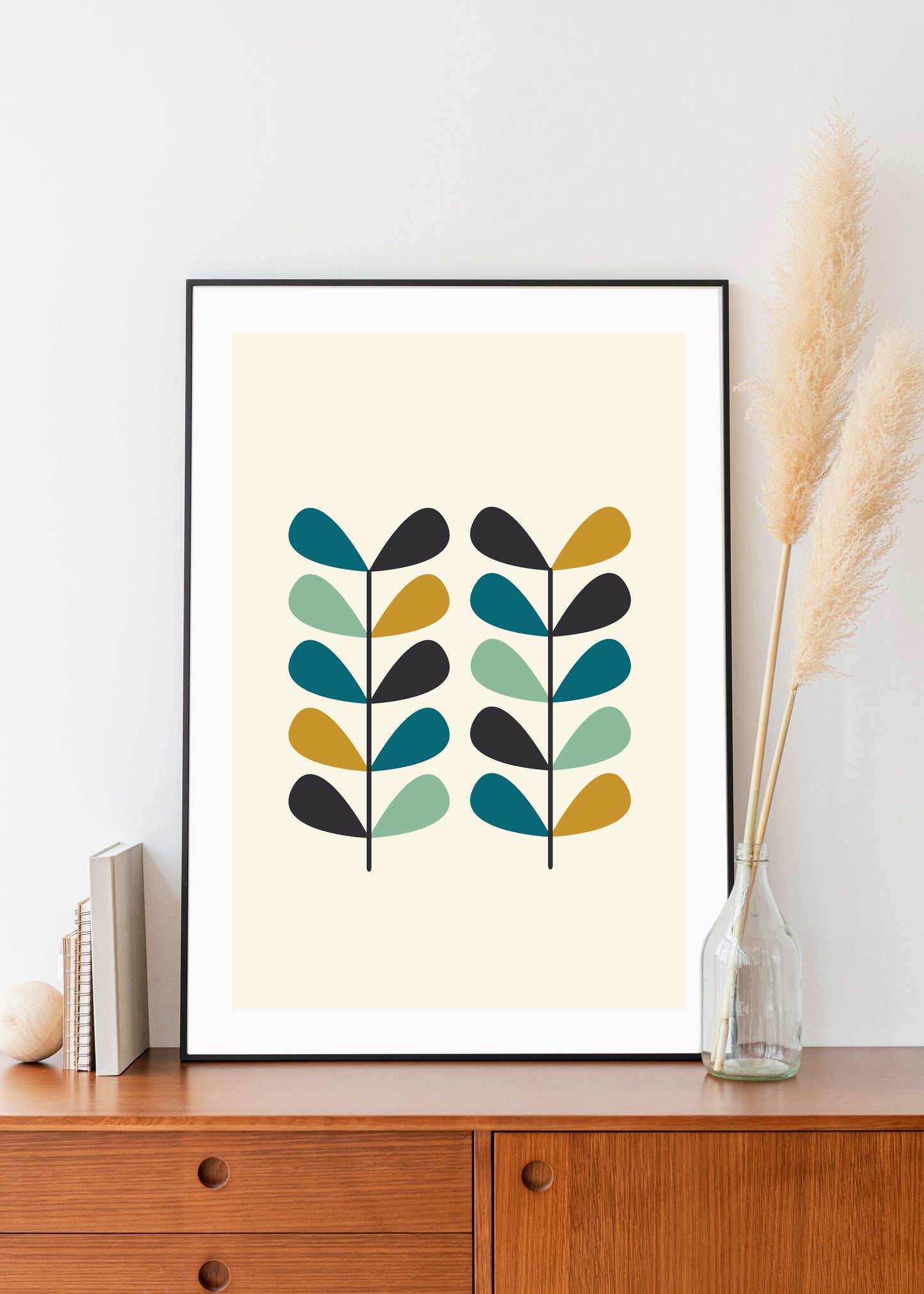 Mid century modern flower print. Leaf stem print