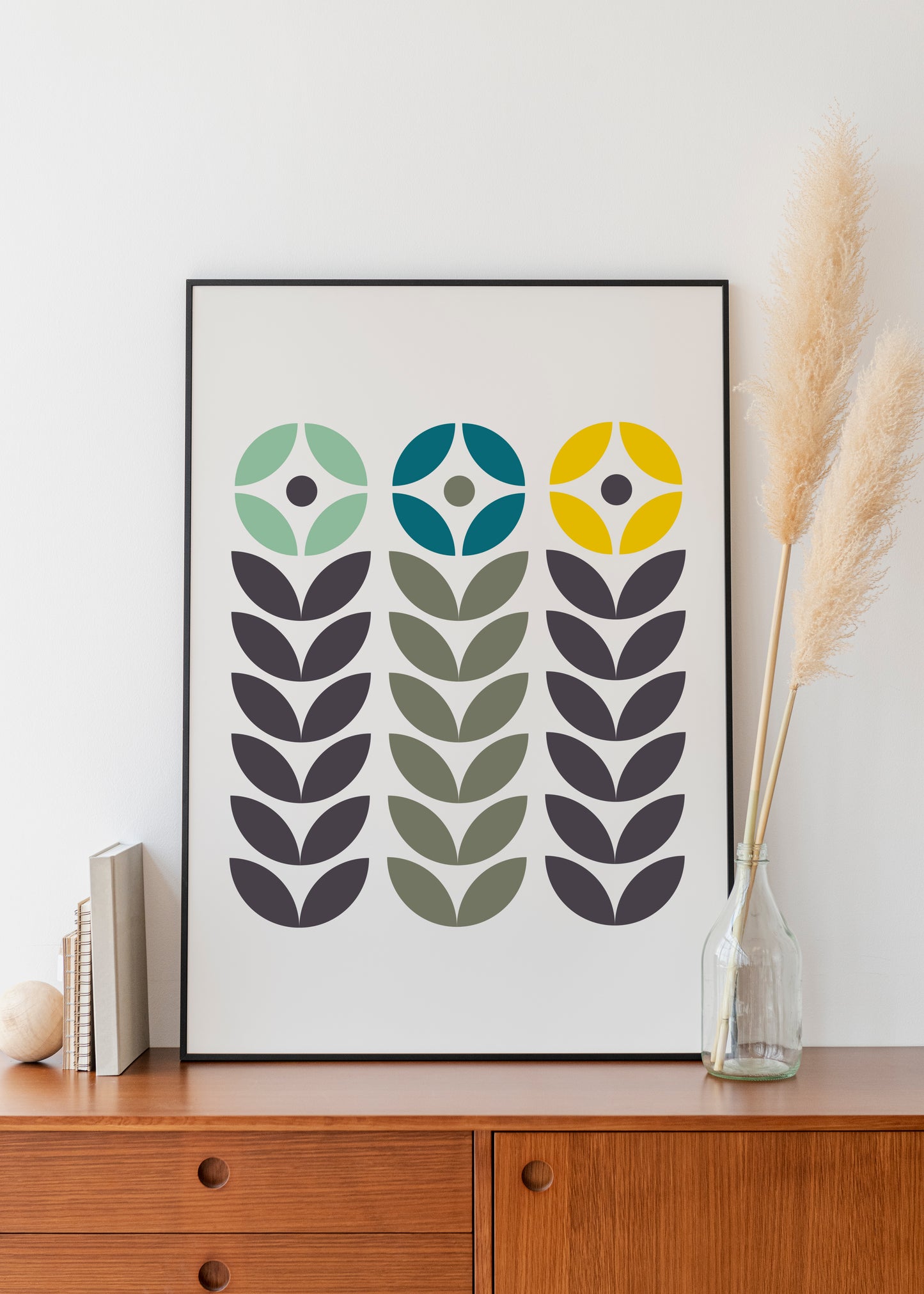 Mid century modern flower print. Leaf stem print