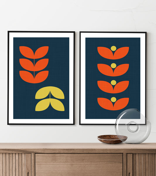 Mid century modern Leaf print. Leaf stem prints