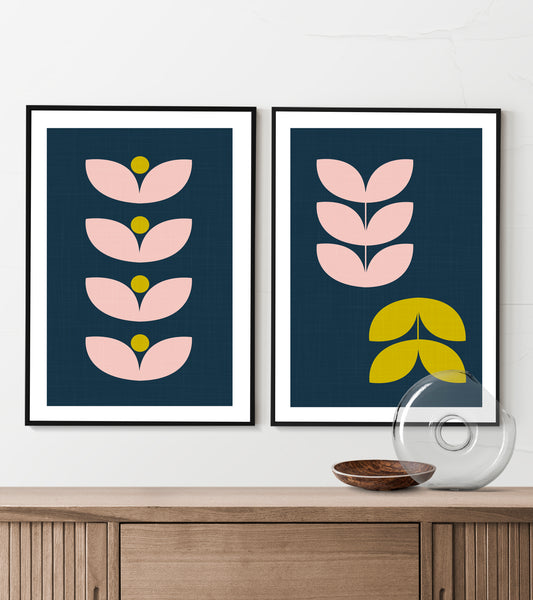 Mid century modern Leaf print. Leaf stem print