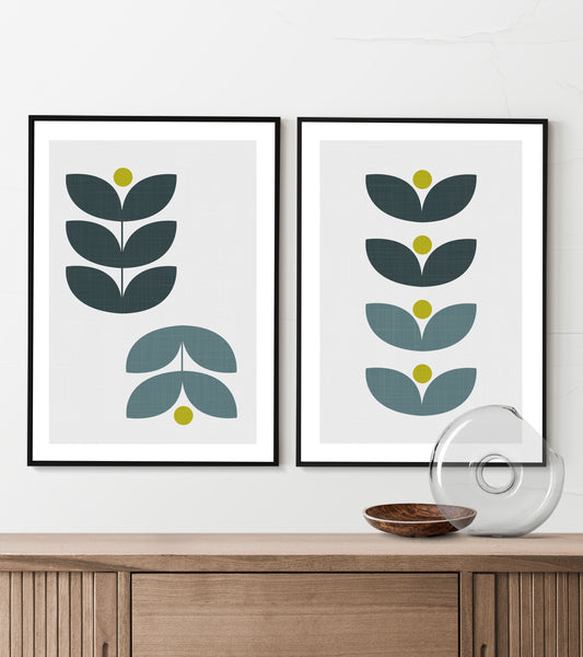 Mid century modern Leaf print. Leaf stem print