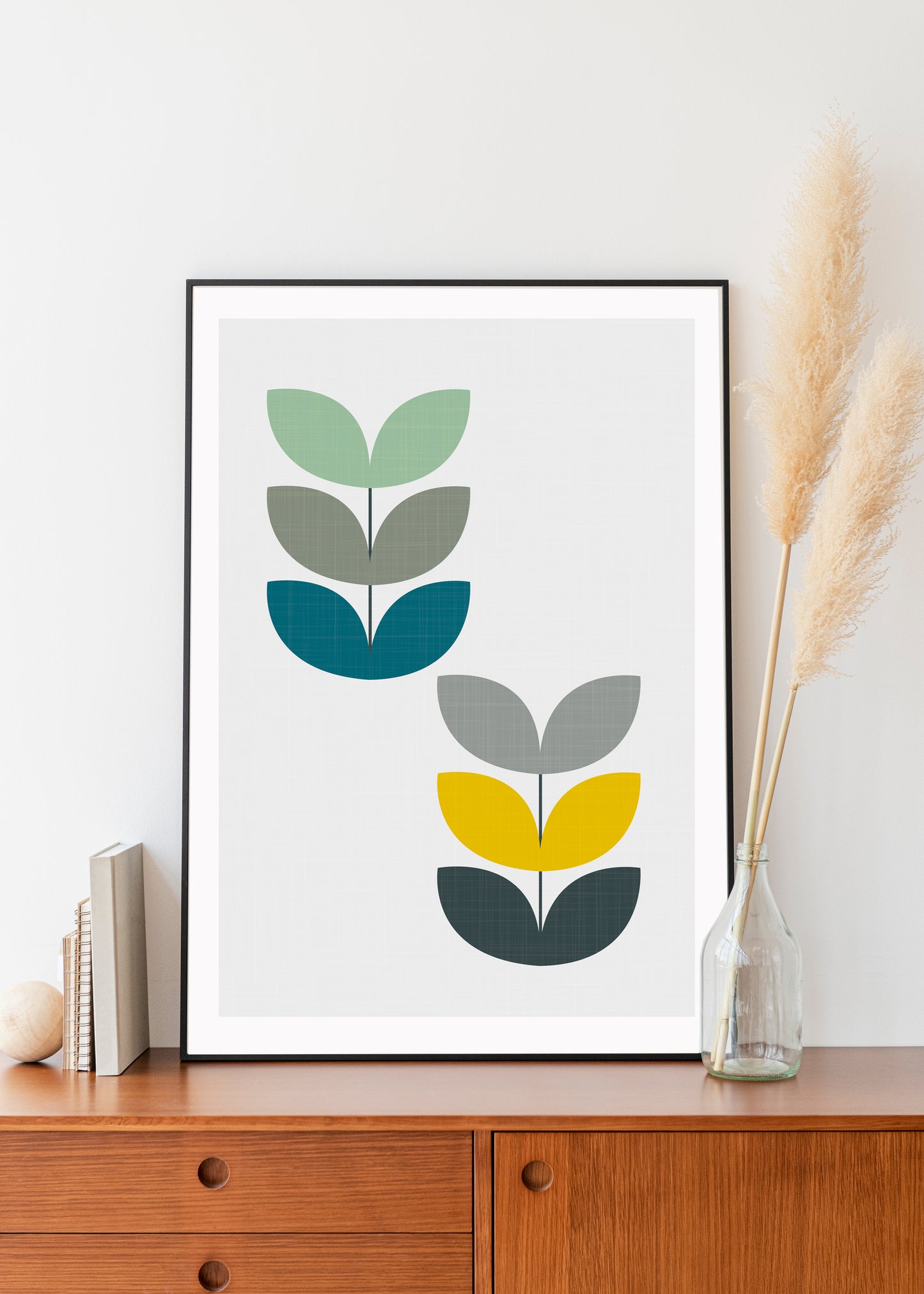 Mid century modern leaf print. Leaf stem print