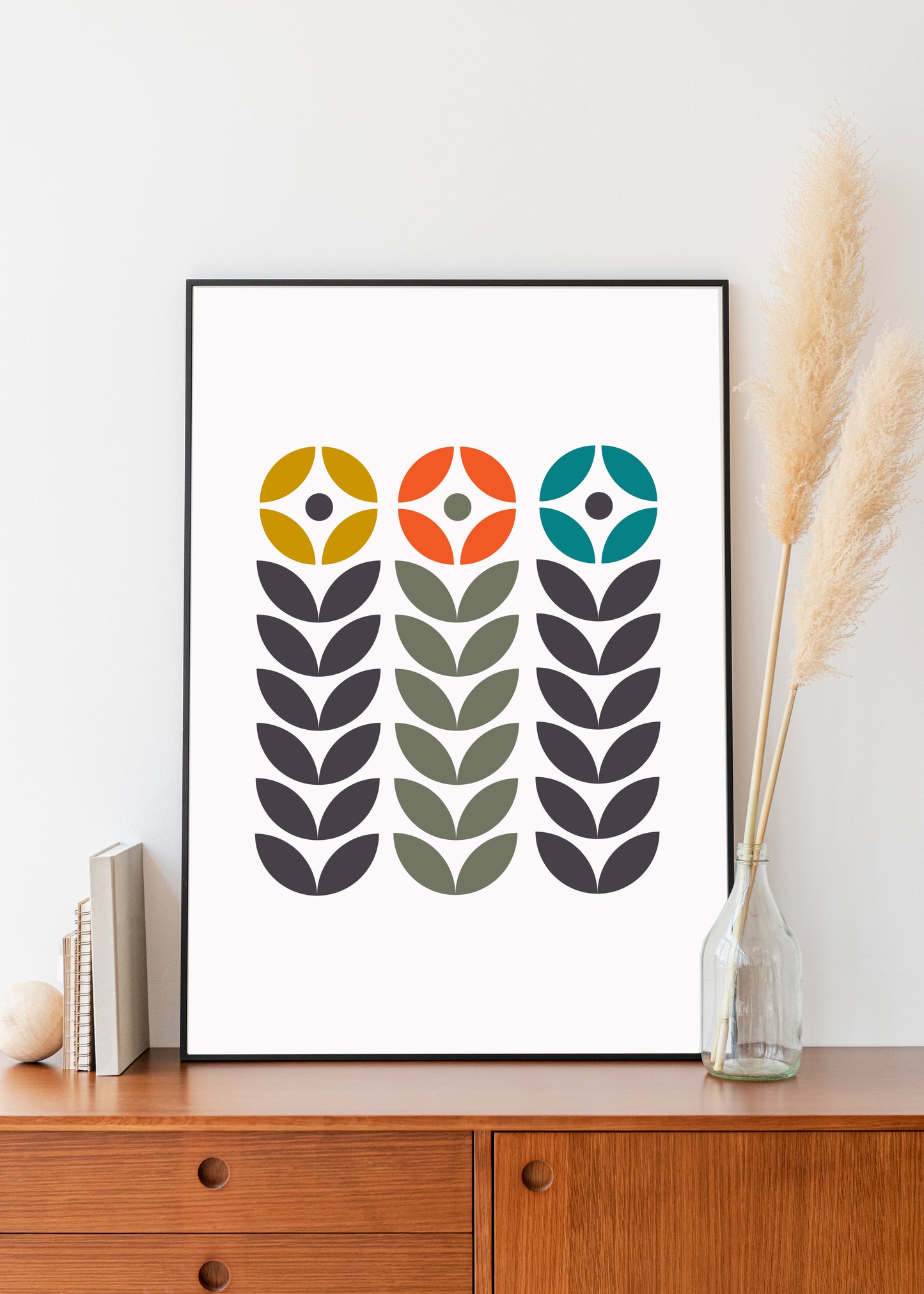 Mid century modern flower print. Leaf stem print