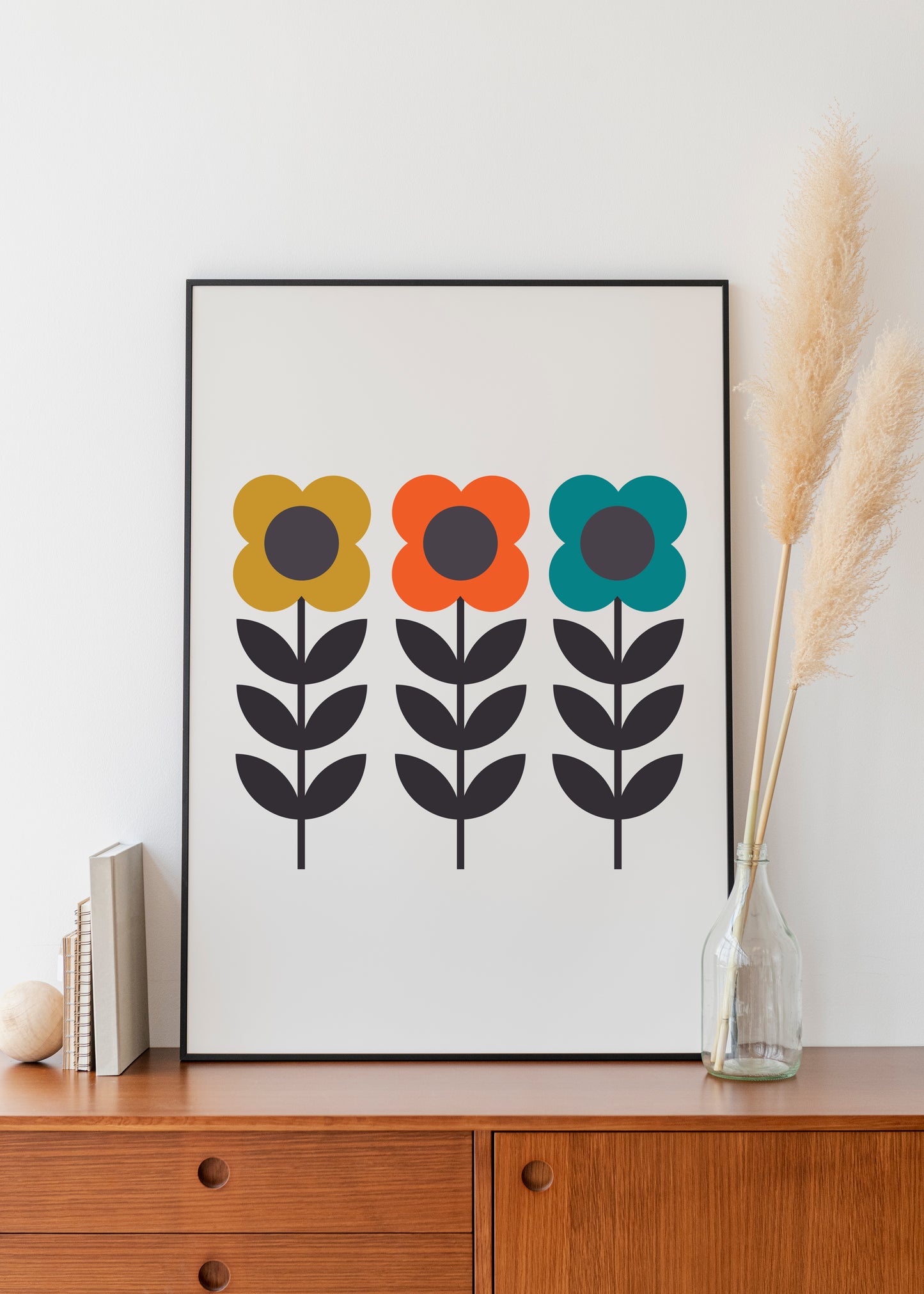 Mid century Modern flower print. Leaf stem print